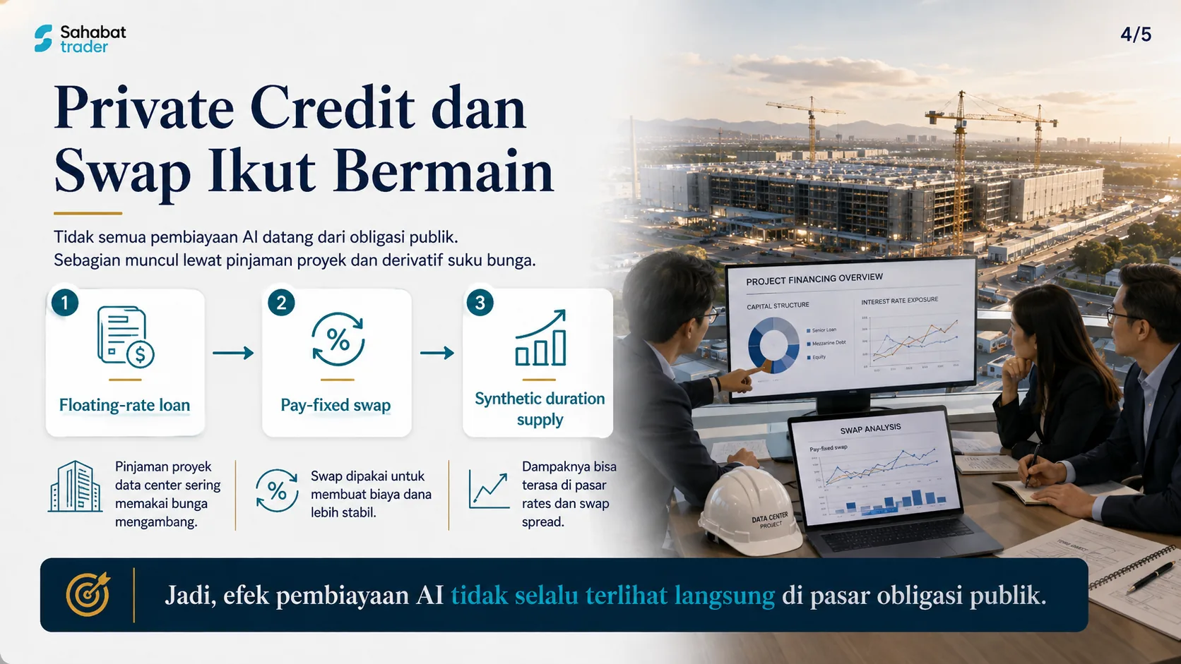 A three-stage flow from floating-rate loan to pay-fixed swap to synthetic duration supply in data centre project financing
