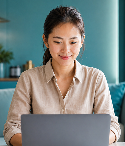 Trader wanita menganalisis market melalui laptop